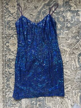 Vintage 1980s L.A. Glo Electric Blue Sequin Glitter Mini Club Party BachDress 🩵